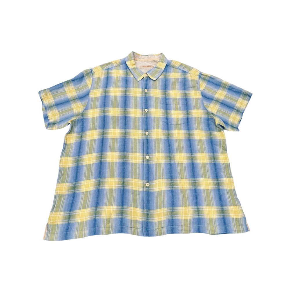 Tommy Bahama Linen Hawaiian Shirt Mens 2XL Blue Yellow Plaid Resortwear Coastal